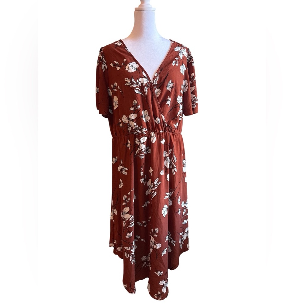 Rust Floral Wrap-Style Women's Dress
